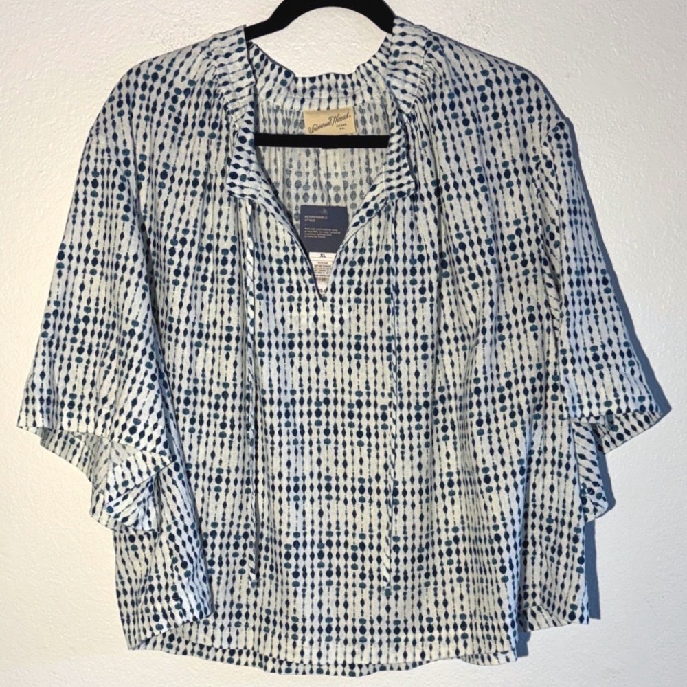 Universal Thread Navy White Ikat Linen Blend Tie Neck Blouse XL NWT